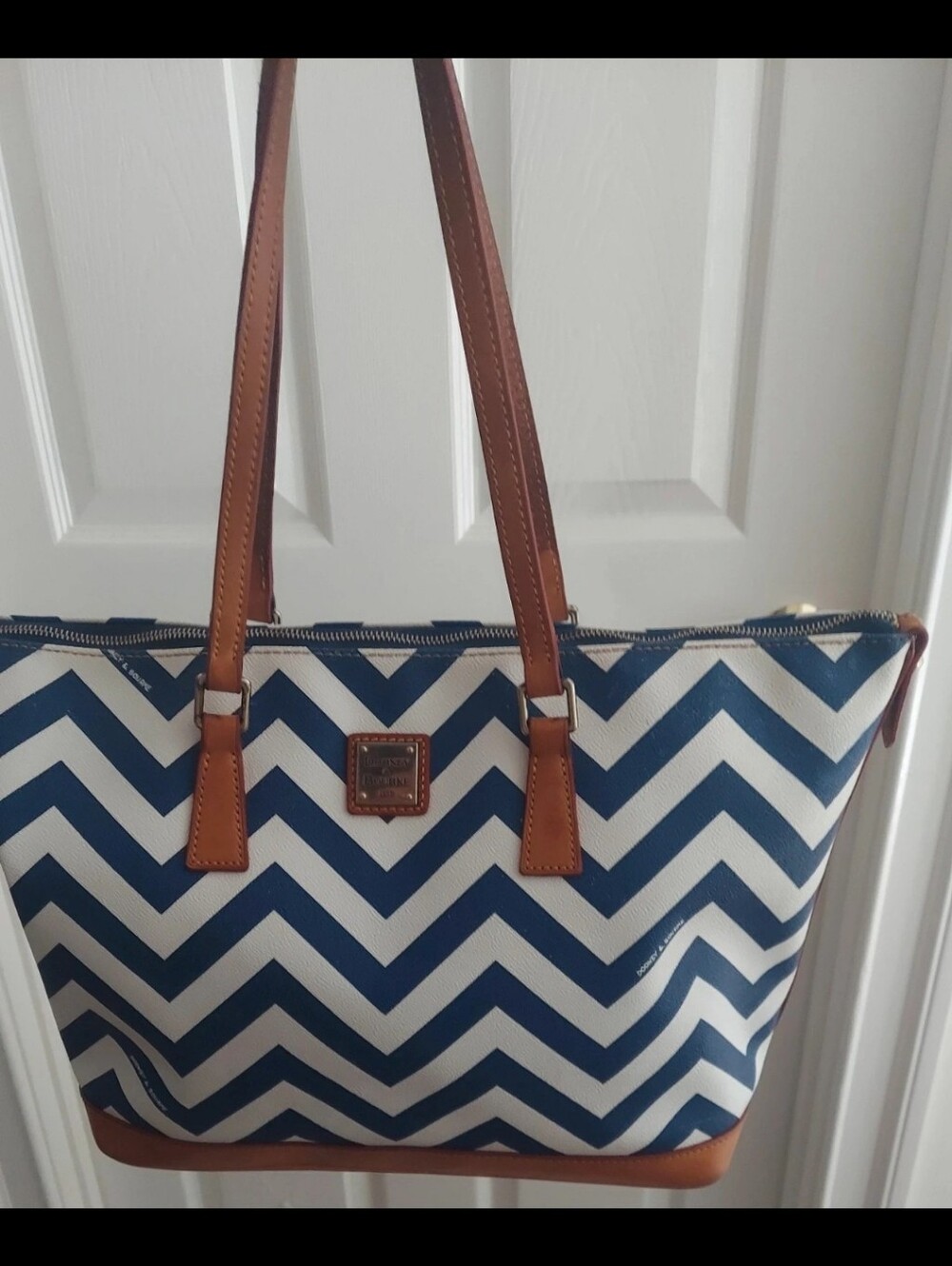 Dooney & Bourke Navy and White Chevron Tote with Brown Leather Trim
